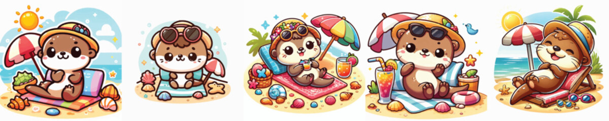 Vector of a cute cartoon otter character relaxing at the beach © FirdianKrisna