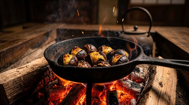 Roasting Chestnuts over Glowing Charcoal Fire in Rustic Cast Iron Pan, Cozy Autumn Winter Slow Life Aesthetic
