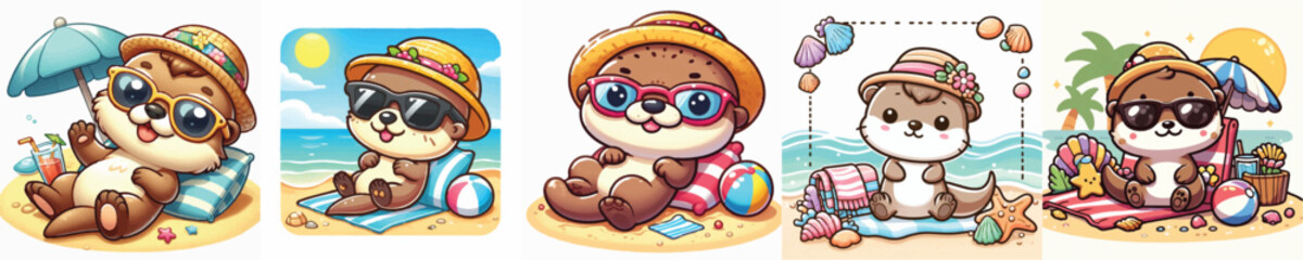 Vector of a cute cartoon otter character relaxing at the beach © FirdianKrisna