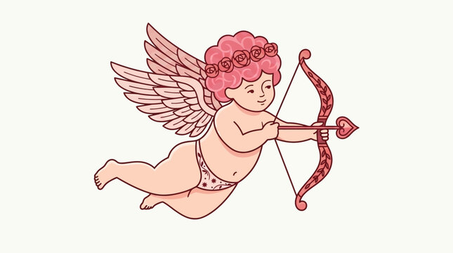 cute cupid angel with bow and arrow flying in the sky