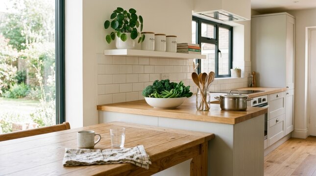 Modern kitchen with wooden countertops indoors.