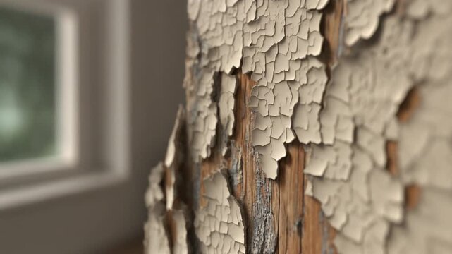 厚く重なった白い塗膜が浮き上がり割れ目から木材が露出する古い建具の接写