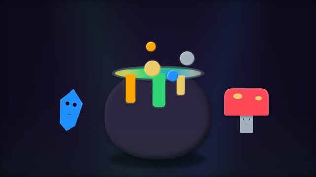 Animated Magic Cauldron Brewing Potion with Floating Orbs and Fantasy Ingredients.