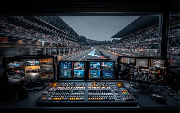 High-Tech Broadcast Studio Overlooking a Race Track Event Control Room
