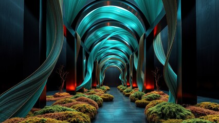 Fototapeta premium Tunnel features flowing blue ribbons, mossy ground. Dramatic lighting creates depth, perspective. Minimalist trees punctuate space.