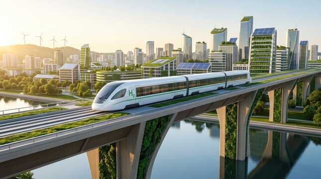 Futuristic hydrogen powered train traveling on elevated track through eco friendly green city with sustainable architecture