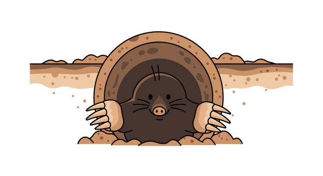 Flat vector illustration of a cute cartoon mole emerging from a tunnel underground, showing its large digging claws in a simple, friendly style.