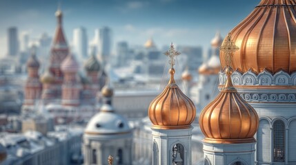 Obraz premium Golden Domes of Orthodox Cathedral in Wintery Cityscape