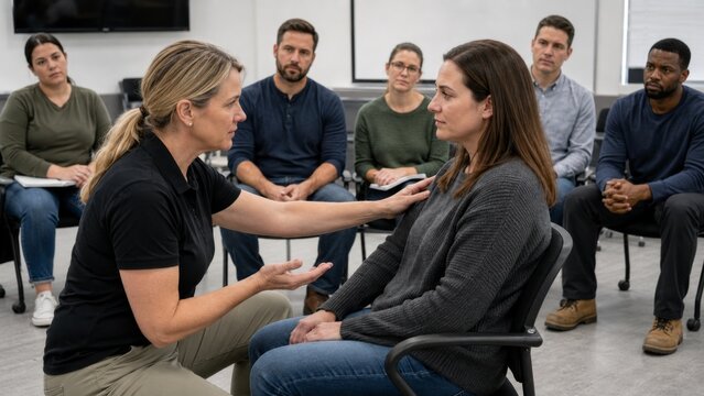 First aid instructor assessing conscious seated casualty during SST training