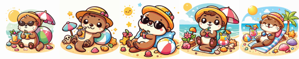 Vector of a cute cartoon otter character relaxing at the beach © FirdianKrisna