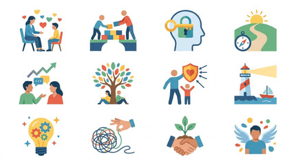 Fototapeta premium Collection of Icons Representing Business Concepts and Human Interaction.