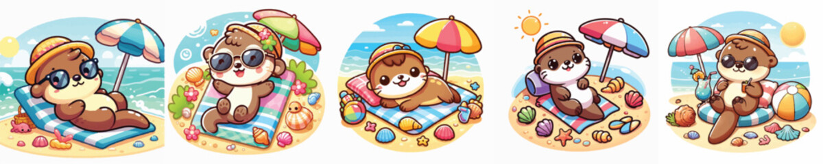 Vector of a cute cartoon otter character relaxing at the beach © FirdianKrisna