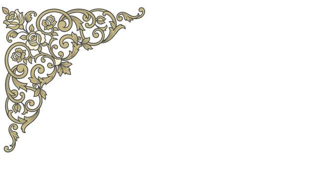 Elegant vintage calligraphic corner frame with gold floral scrolls and rose flowers on a white background.