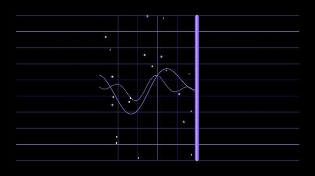 Futuristic digital HUD telemetry interface with sine wave graph and data grid on black background