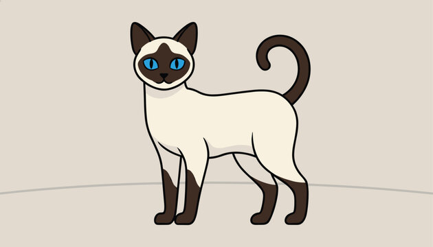 Siamese cat illustration featuring distinctive blue eyes and dark brown points stands elegantly on a light background.
