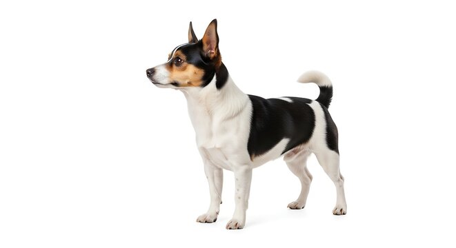 A small, alert black, white, and tan dog with erect ears stands confidently on a clean white background, looking to the left.