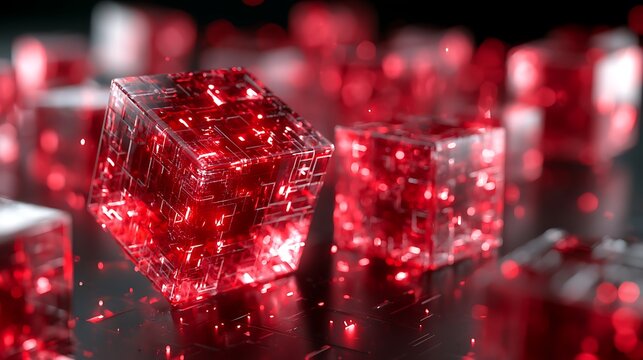 Powerful cybersecurity infrastructure with transparent ruby red blockchain cubes, artificial intelligence threat detection,