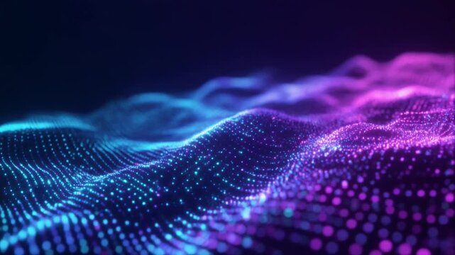 Abstract Digital Particle Wave Background. Glowing blue and purple neon light mesh dots with shallow depth of field. Futuristic AI tech data visualization loop, perfect for science backdrop.