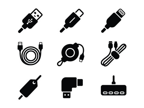 Set of black electronic cable connector and charging port icons for technology and data transfer