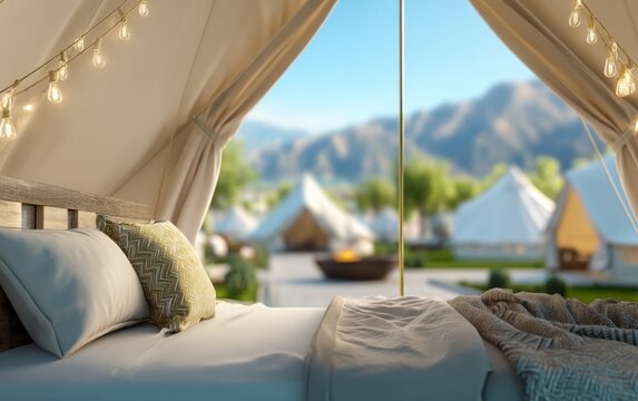 Luxurious Outdoor Canvas Tent Interior with Scenic Mountain View