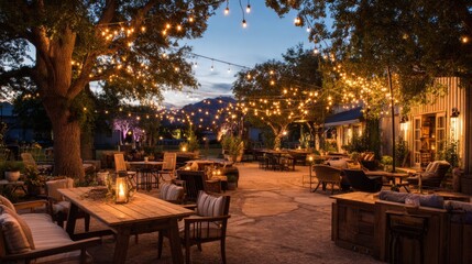Obraz premium Cozy outdoor evening dining area with string lights illuminating a relaxed garden atmosphere under a twilight sky