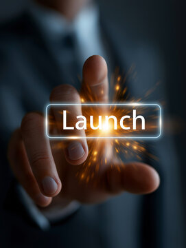 New Beginning Button: A sharp focus on a finger about to press the Launch button on a futuristic interface, symbolizing innovation, startup, and the beginning of a new venture.