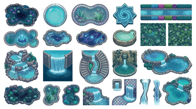 Fantasy game water assets, isometric pond and waterfall vector collection, magical blue spring and fountain set for RPG map design