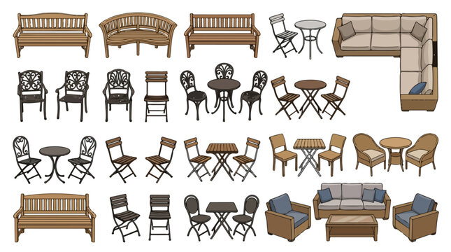 Outdoor garden furniture set with 24 vector elements, patio seating collection with wooden benches, bistro tables and wicker sofas for backyard landscaping