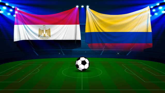 Egypt versus colombia flags soccer match concept on soccer stadium with green field and bright spotlights.