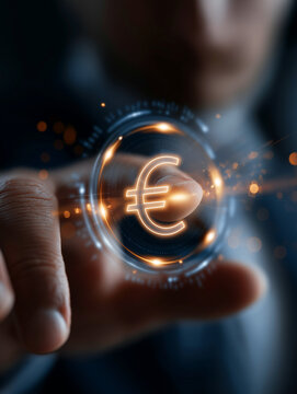 Euro Currency Touch: A man's finger touches a holographic glowing euro symbol on a digital interface, representing financial technology and global currency exchange.