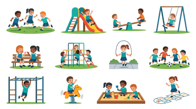 Children playing on a playground with various equipment and activities.