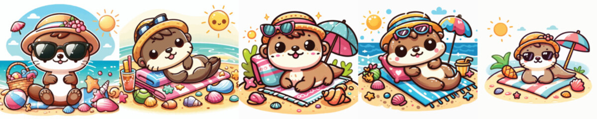Vector of a cute cartoon otter character relaxing at the beach © FirdianKrisna