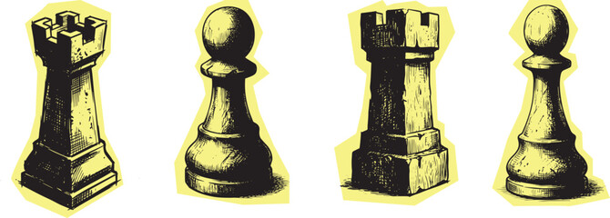 Sticker template world chess day design featuring stone texture rook and pawn chess pieces for game board decoration strategy competition template illustration checkmate intelligence background © DewiNurina