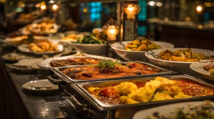 Obraz premium Array of Delicious Dishes and Colorful Food on Buffet Table at Restaurant Venue