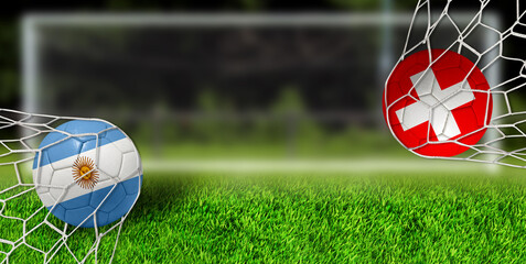Obraz premium Soccer goals concept with Argentina and Switzerland flag balls inside net.
