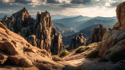Naklejka premium Majestic Rocky Mountain Landscape with Dramatic Clouds and Sunlight at Dusk in the Wilderness
