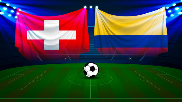 Switzerland versus colombia flags soccer match concept on soccer stadium with green field and bright spotlights.
