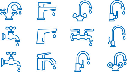 Fototapeta premium Collection of modern and vintage faucets with dripping water in blue outline style on white background