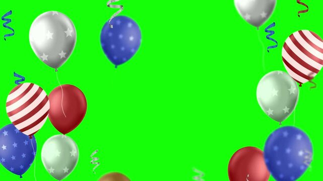 Patriotic balloons featuring stars and stripes float gracefully against a bright green screen background, offering a versatile festive border for holiday event announcements and celebratory social.