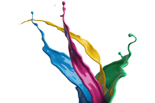A dynamic splash of vibrant blue, yellow, pink, and green liquid paint frozen in motion, isolated on a solid black background