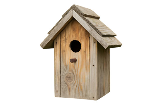 Rustic wooden birdhouse with a gabled roof and circular entrance hole, isolated on a black background, for nature and, garden themes