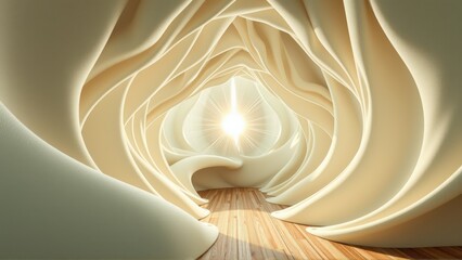 Fototapeta premium Abstract tunnel, soft curves, bright light source. Wooden floor creates depth, warm tones dominate composition. Smooth, flowing forms.