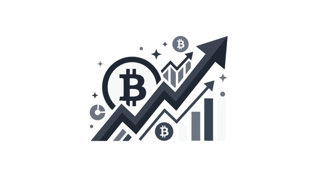 Bitcoin cryptocurrency logo with rising arrow and growth graph