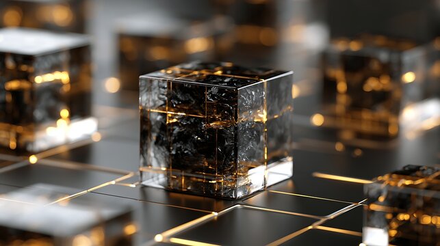 Luxury black and gold blockchain infrastructure integrated with artificial intelligence, transparent obsidian cubes with golden glowing connections, premium executive fintech concept