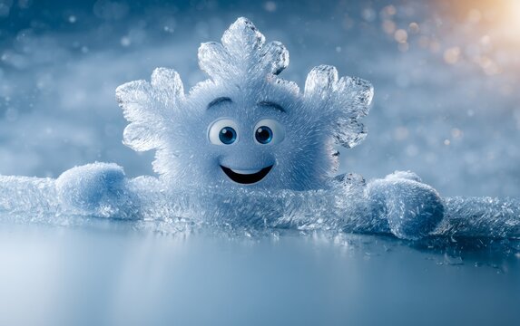 Cheerful 3D Snowflake Character With Face Peeking Over a Frosty Surface