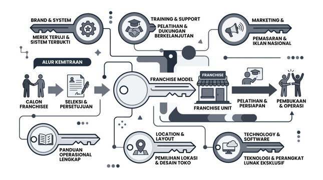 Business franchise model and operational flow chart infographic.