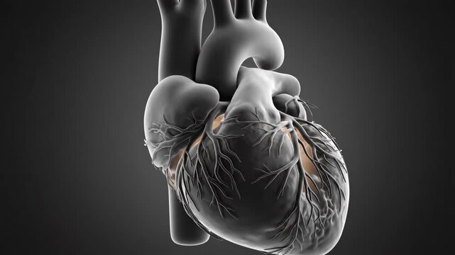 Pulsating Anatomical Heart: Glowing red 3D human heart beating on a black background, ideal for medical education.