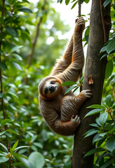 Fototapeta premium Relaxed sloth climbing tree in green forest