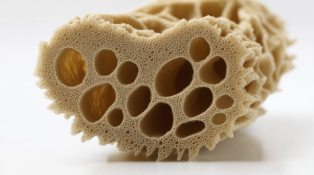 neoprene. Cross-section view of a neoprene sample revealing its internal foam honeycomb structure. STEM education sheets, lab safety posters, designed for biotech research communications.