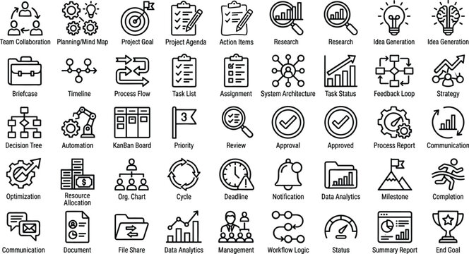 Business project management icons in a clean line art style on a white background